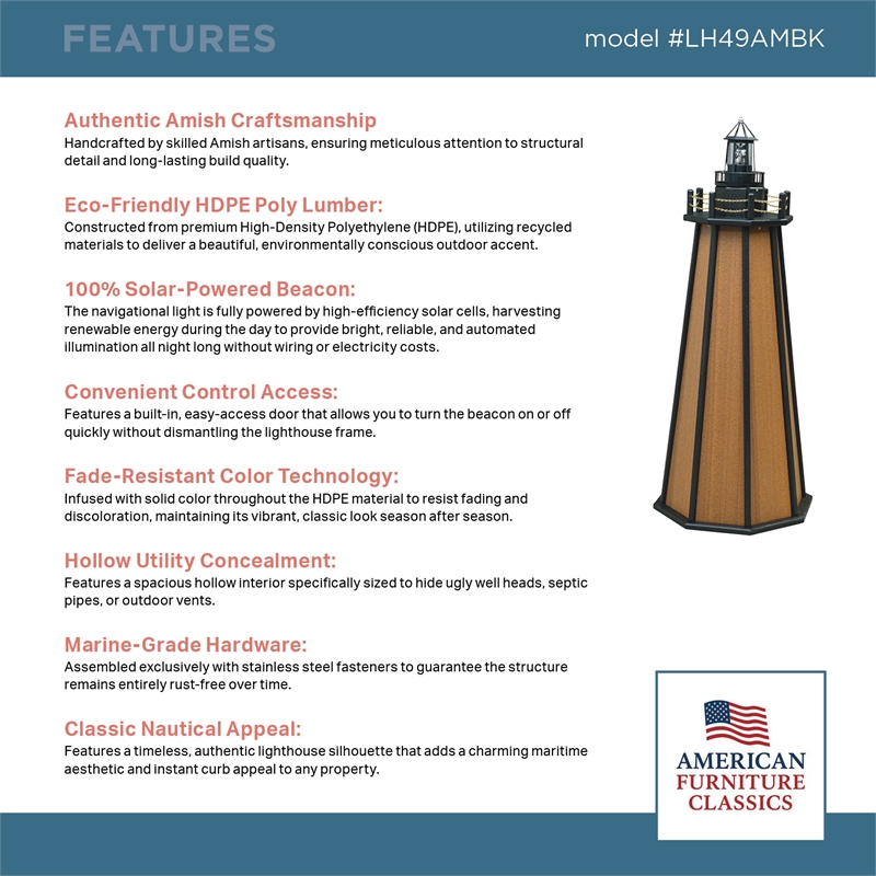 4 Ft High Density Polyethylene Outdoor Solar Lighthouse in Mahogany and Black