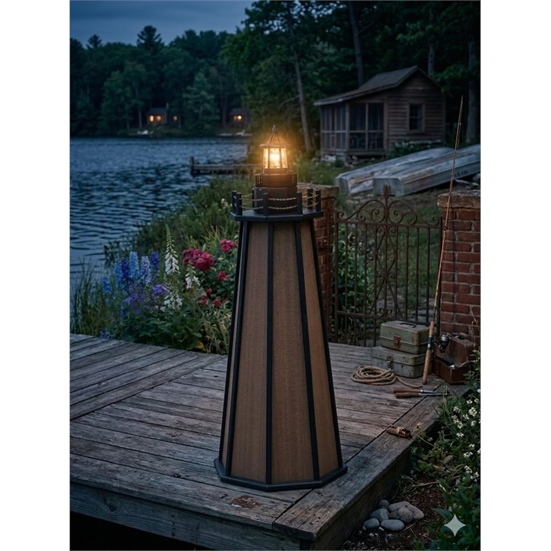 4 Ft High Density Polyethylene Outdoor Solar Lighthouse in Mahogany and Black
