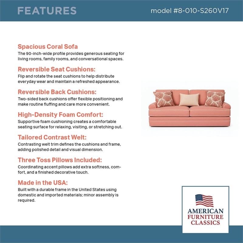 American Furniture Classics Daybreak Coral Polyester Blend Upholstered Sofa with Reversible Cushions