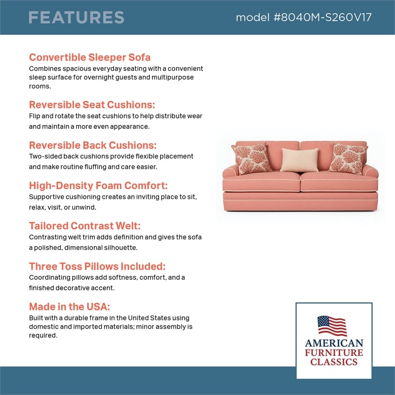American Furniture Classics Daybreak Coral Polyester Blend Upholstered Sleeper Sofa with Reversible Cushions