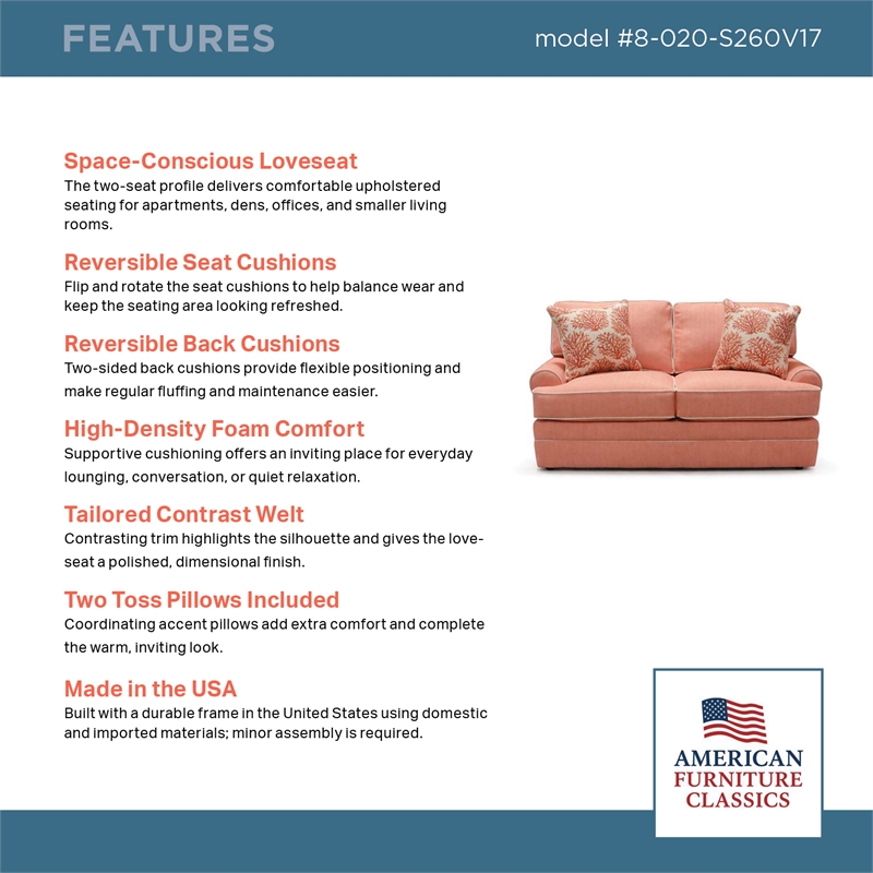 American Furniture Classics Daybreak Coral Polyester Blend Upholstered Loveseat with Reversible Cushions