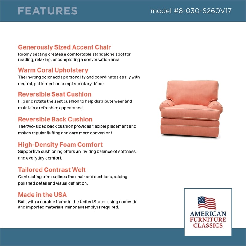 American Furniture Classics Daybreak Coral Polyester Blend Upholstered Accent Chair with Reversible Cushions