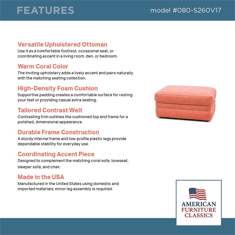 American Furniture Classics  Daybreak Coral Polyester Blend Upholstered Ottoman with Contrast Welt