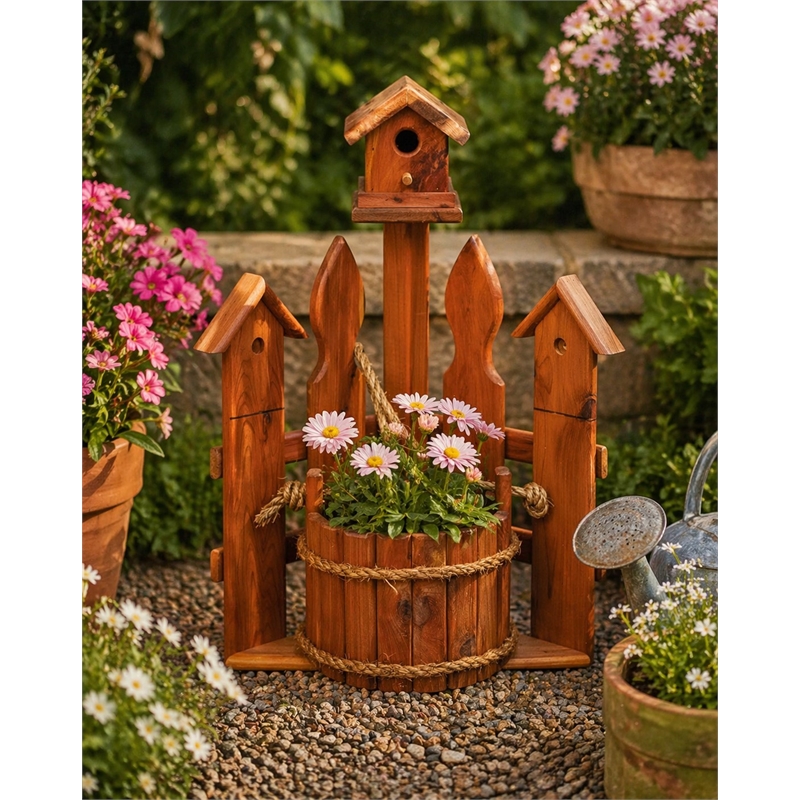 American Furniture Classics Small Solid Red Cedar Corner Planter with Birdhouse and Picket Fence