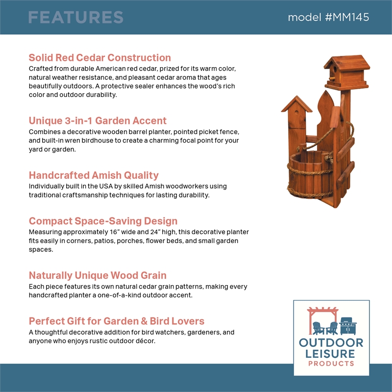 American Furniture Classics Small Solid Red Cedar Corner Planter with Birdhouse and Picket Fence