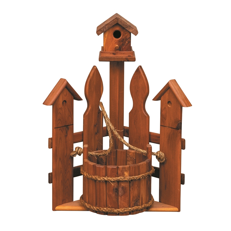 American Furniture Classics Small Solid Red Cedar Corner Planter with Birdhouse and Picket Fence