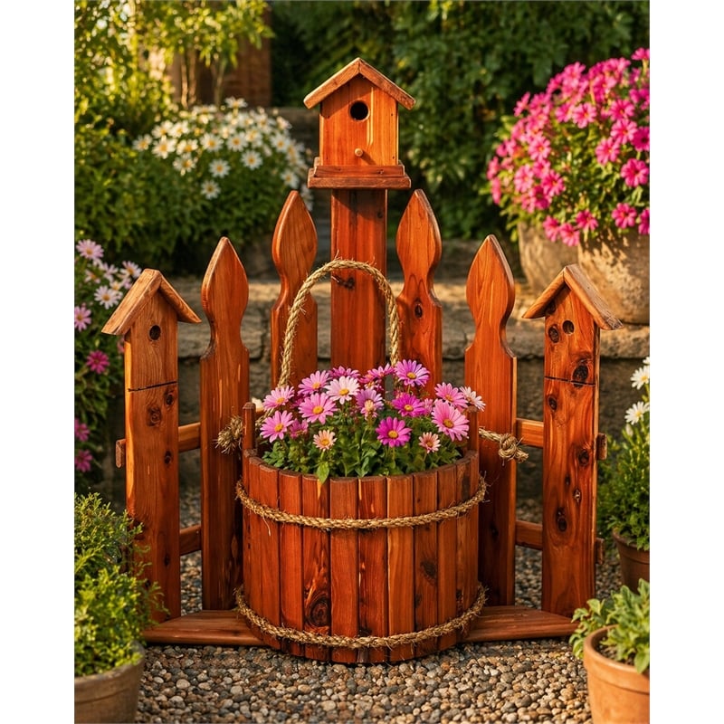 American Furniture Classics Large Solid Red Cedar Corner Planter with Birdhouse and Picket Fence
