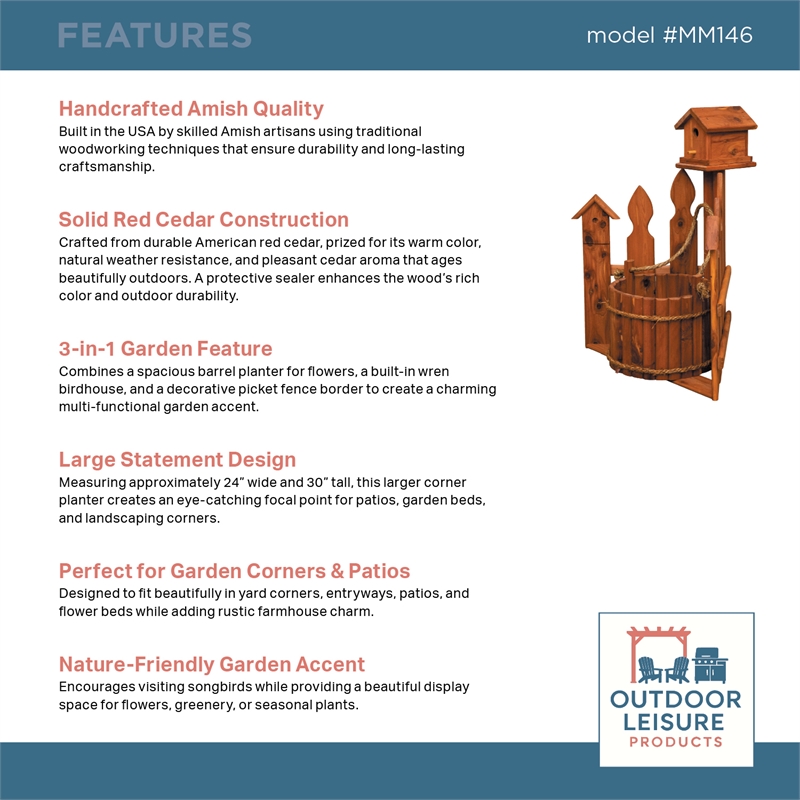 American Furniture Classics Large Solid Red Cedar Corner Planter with Birdhouse and Picket Fence