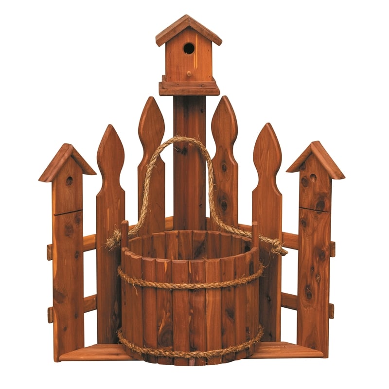 American Furniture Classics Large Solid Red Cedar Corner Planter with Birdhouse and Picket Fence