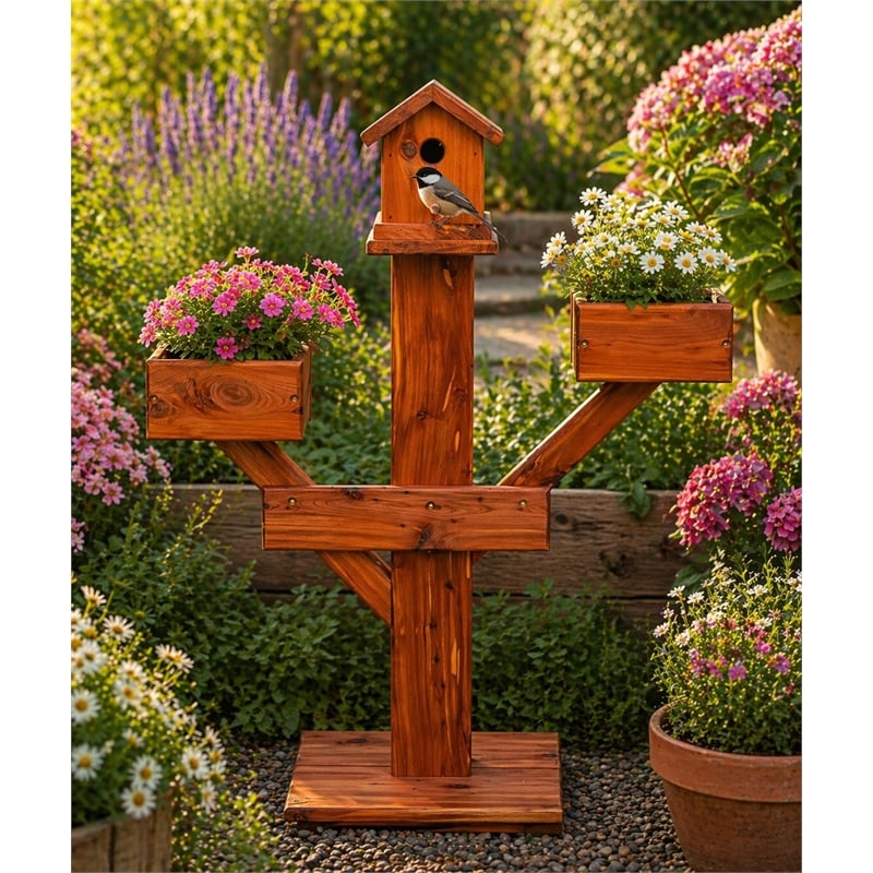 American Furniture Classics Small Solid Red Cedar Birdhouse Planter Stand for Songbirds