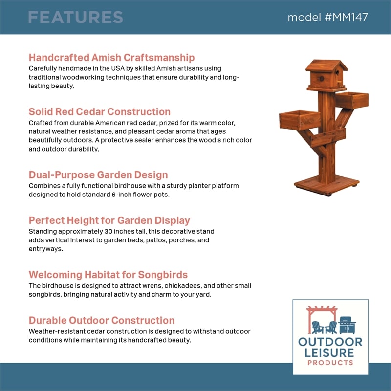 American Furniture Classics Small Solid Red Cedar Birdhouse Planter Stand for Songbirds