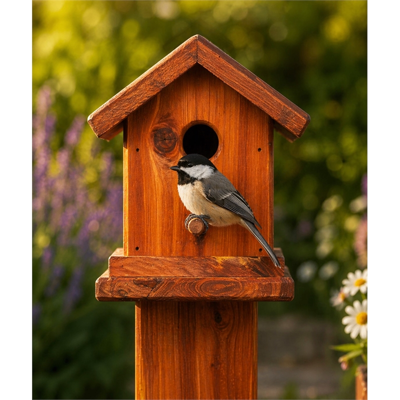 American Furniture Classics Small Solid Red Cedar Birdhouse Planter Stand for Songbirds