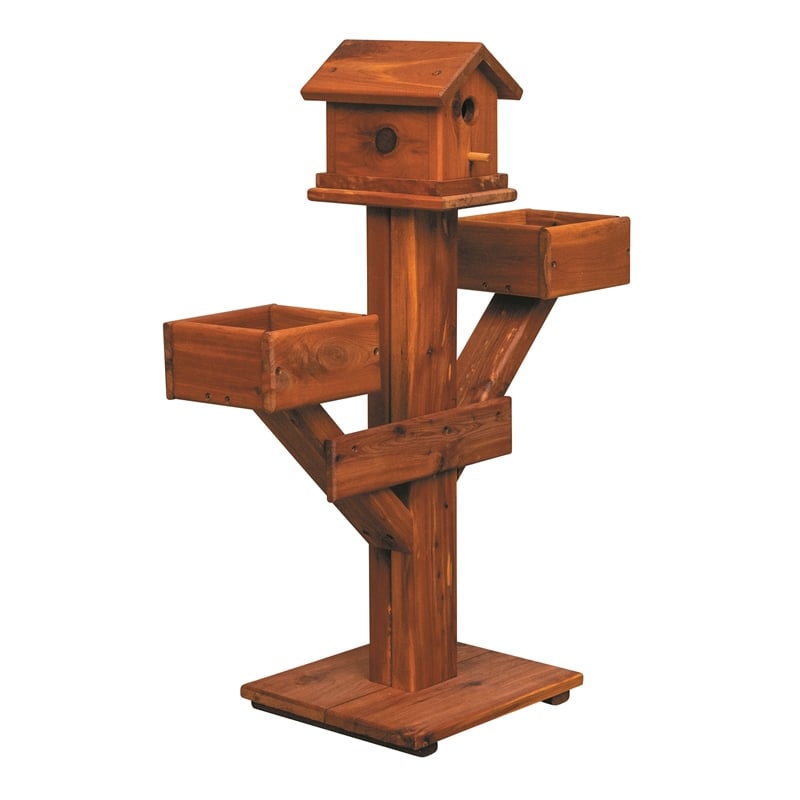 American Furniture Classics Small Solid Red Cedar Birdhouse Planter Stand for Songbirds