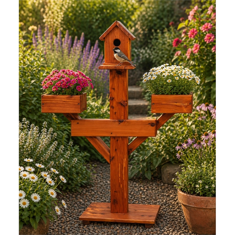 American Furniture Classics Large Solid Red Cedar Birdhouse Planter Stand for Songbirds