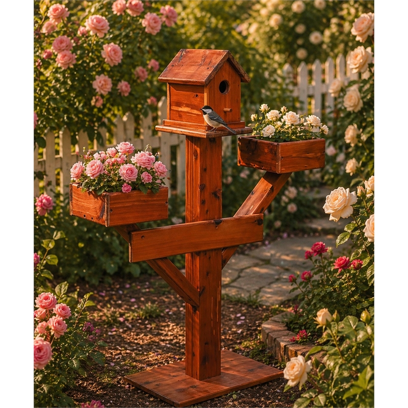 American Furniture Classics Large Solid Red Cedar Birdhouse Planter Stand for Songbirds