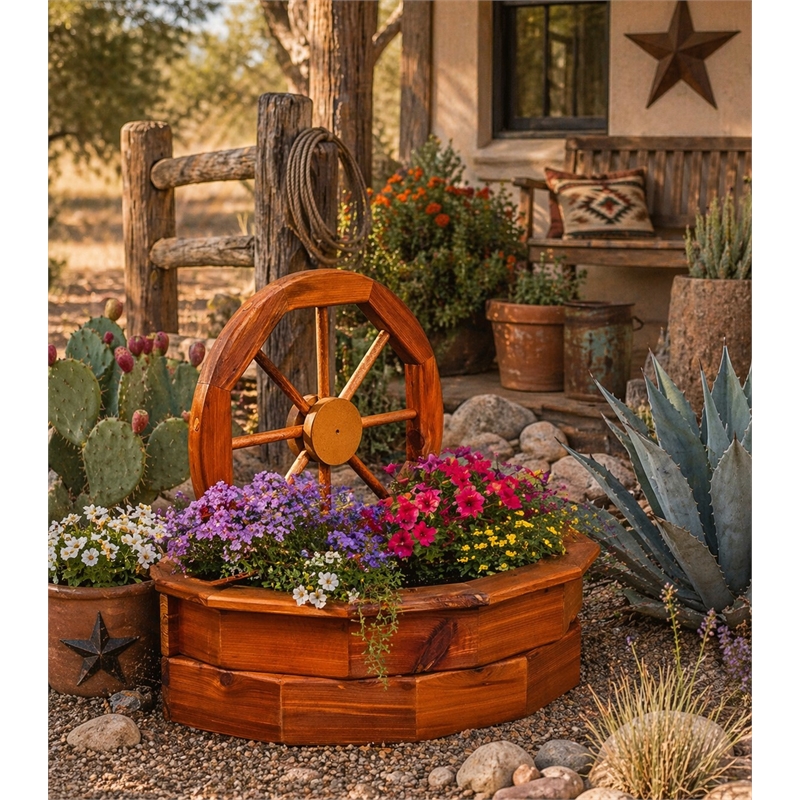 American Furniture Classics Rustic Farmhouse Solid Red Cedar Wagon Wheel Planter For Patio or Yard