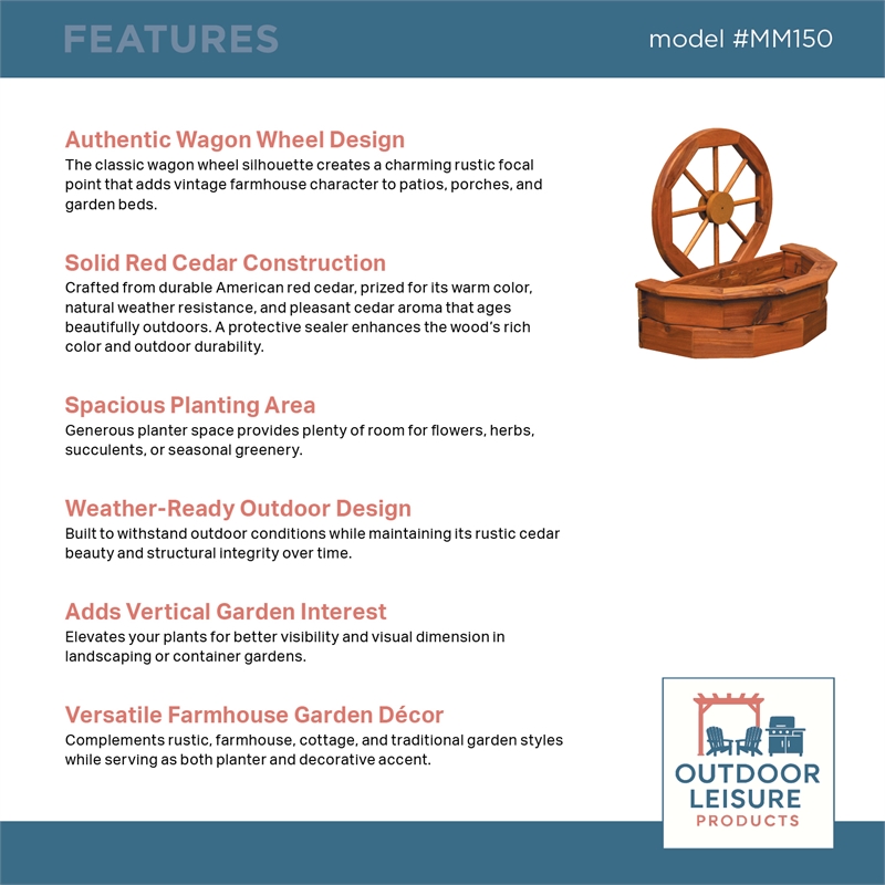American Furniture Classics Rustic Farmhouse Solid Red Cedar Wagon Wheel Planter For Patio or Yard