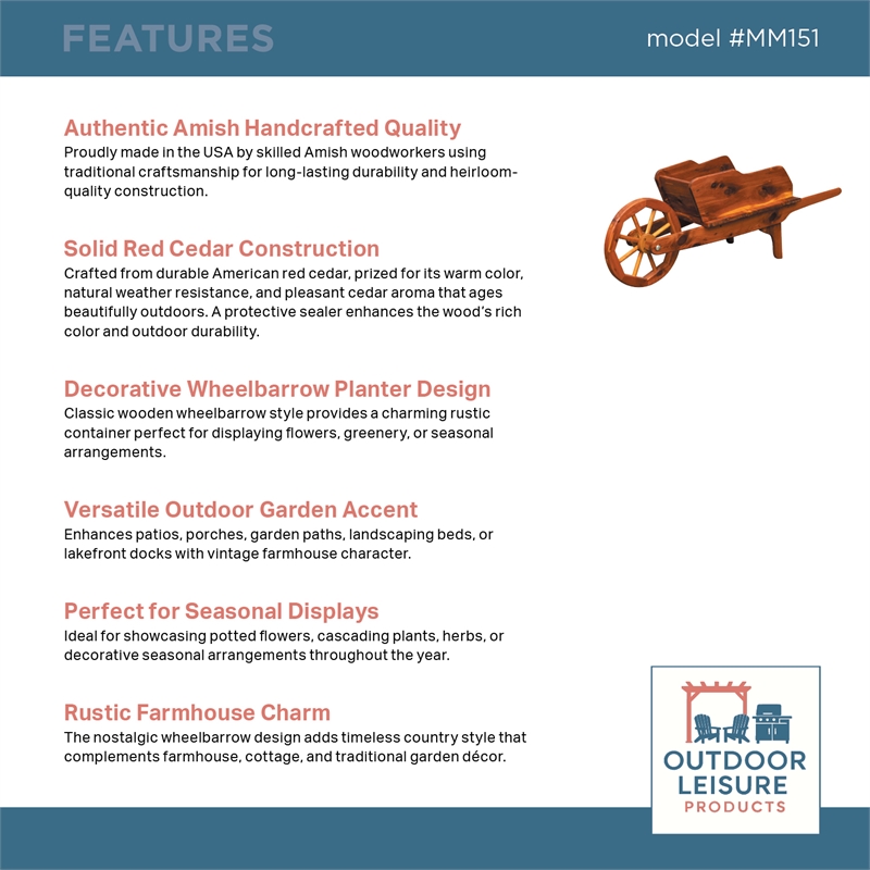 American Furniture Classics Rustic Farmhouse Solid Red Cedar Decorative Wheelbarrow Planter for Flowers