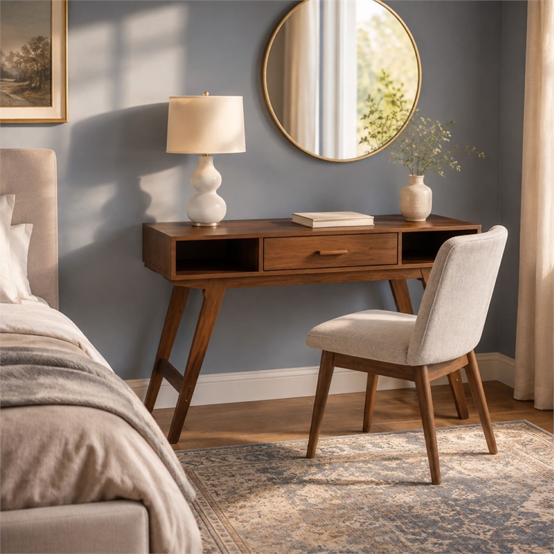 OSHOME Mid-Century Modern Writing Desk with Drawer and Open Storage in Danish Walnut