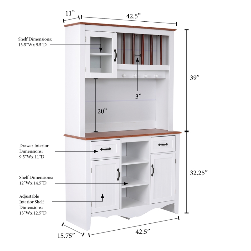 OS Home and Office Furniture Model 25308K White Countryside Buffet and Hutch