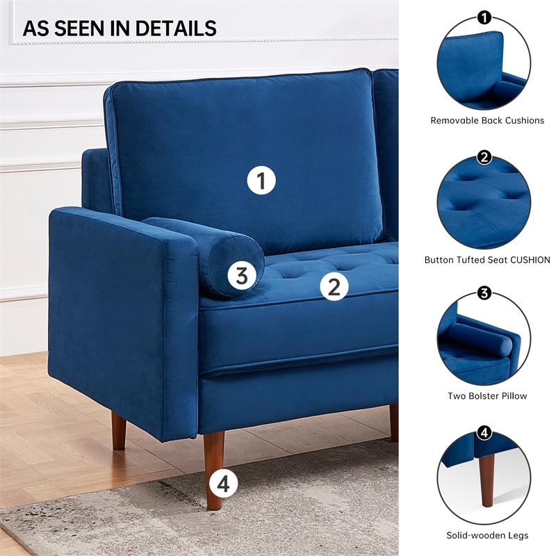 69 Inch Wide Upholstered Two Cushion Sofa with Bolster Pillows in Blue Velvet