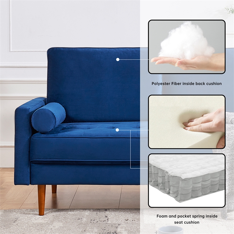 69 Inch Wide Upholstered Two Cushion Sofa with Bolster Pillows in Blue Velvet
