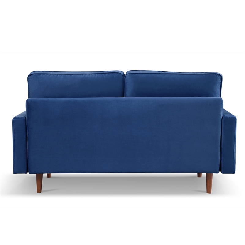69 Inch Wide Upholstered Two Cushion Sofa with Bolster Pillows in Blue Velvet
