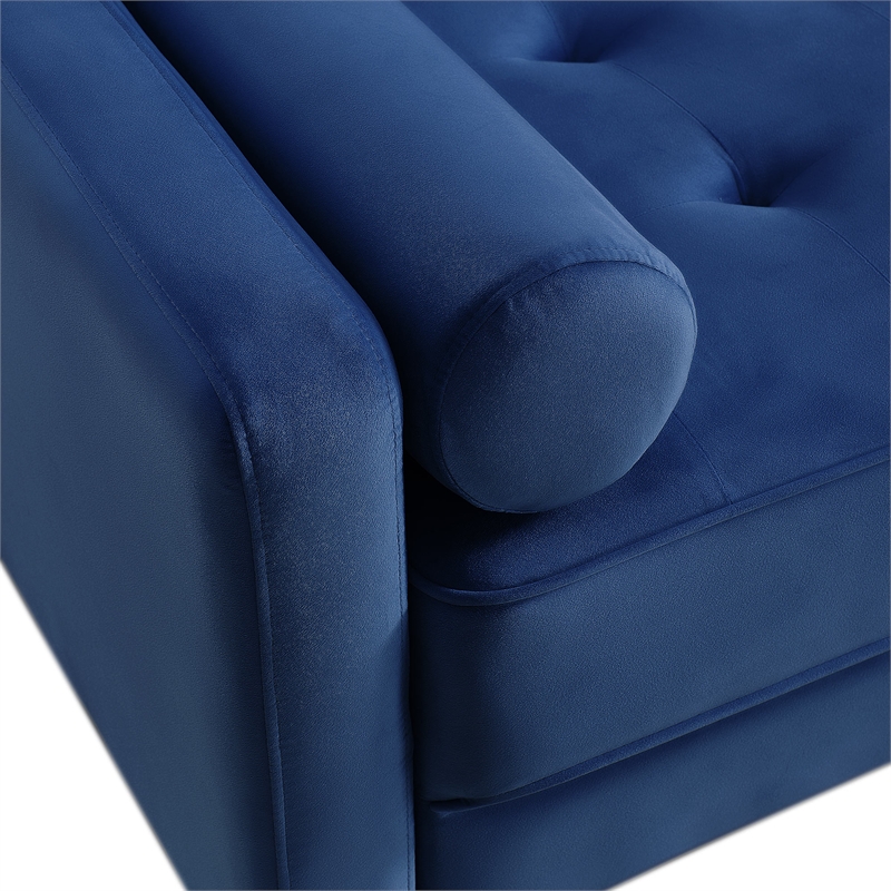 69 Inch Wide Upholstered Two Cushion Sofa with Bolster Pillows in Blue Velvet