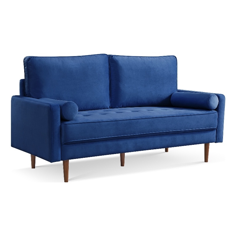 69 Inch Wide Upholstered Two Cushion Sofa with Bolster Pillows in Blue Velvet