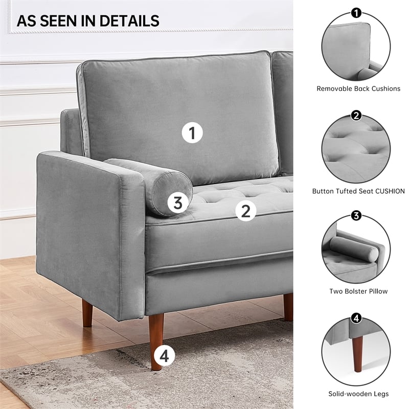 69 Inch Wide Upholstered Two Cushion Sofa with Bolster Pillows in Grey Velvet