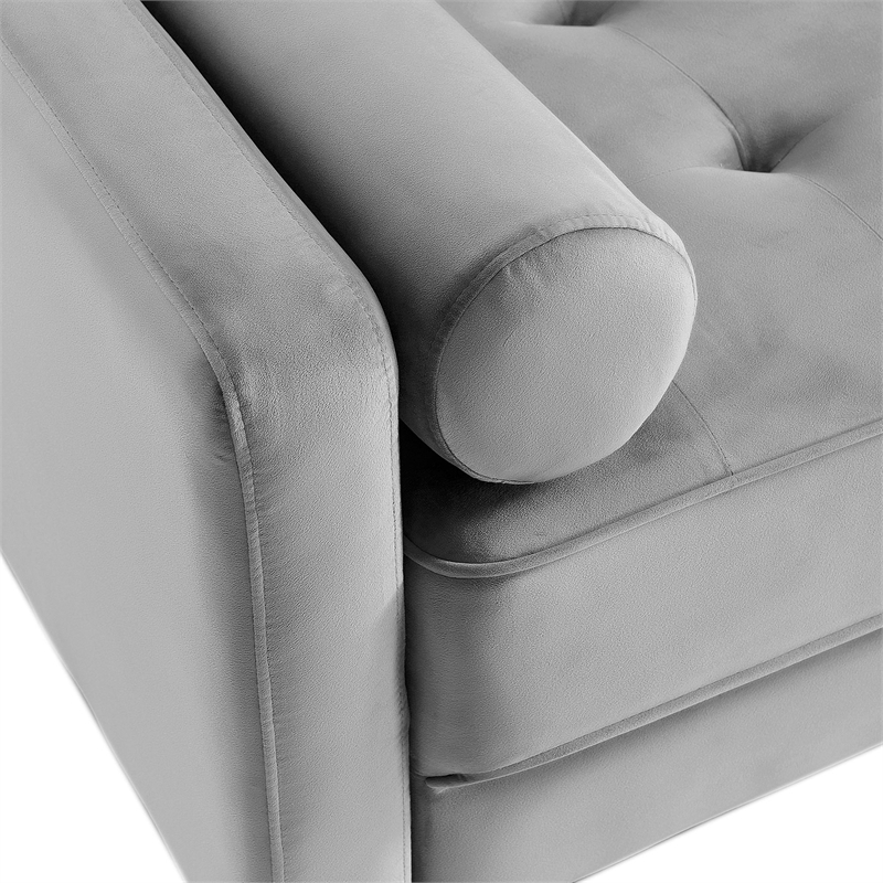 69 Inch Wide Upholstered Two Cushion Sofa with Bolster Pillows in Grey Velvet
