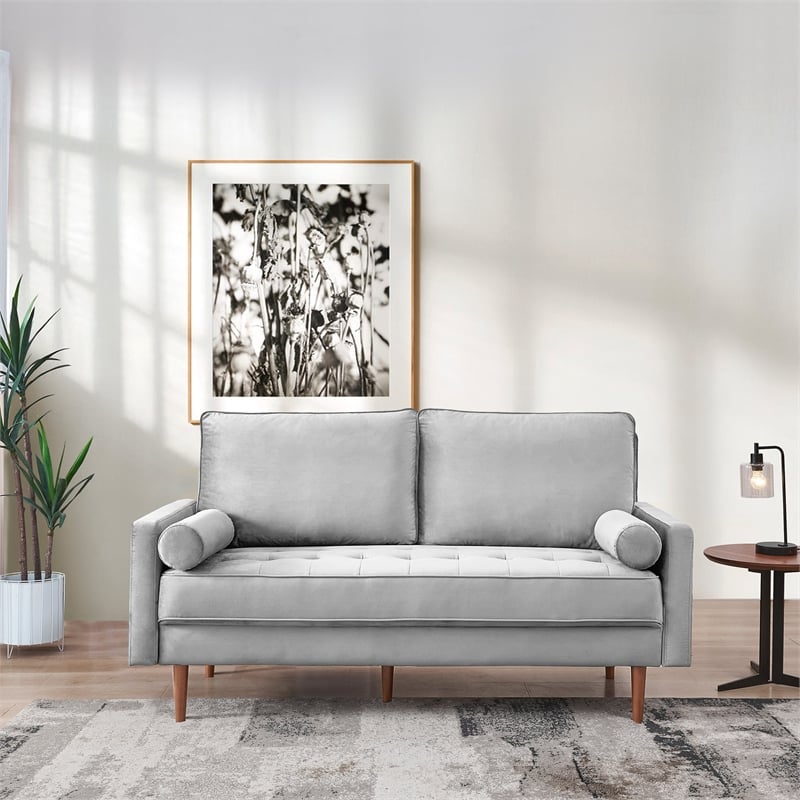 69 Inch Wide Upholstered Two Cushion Sofa with Bolster Pillows in Grey Velvet