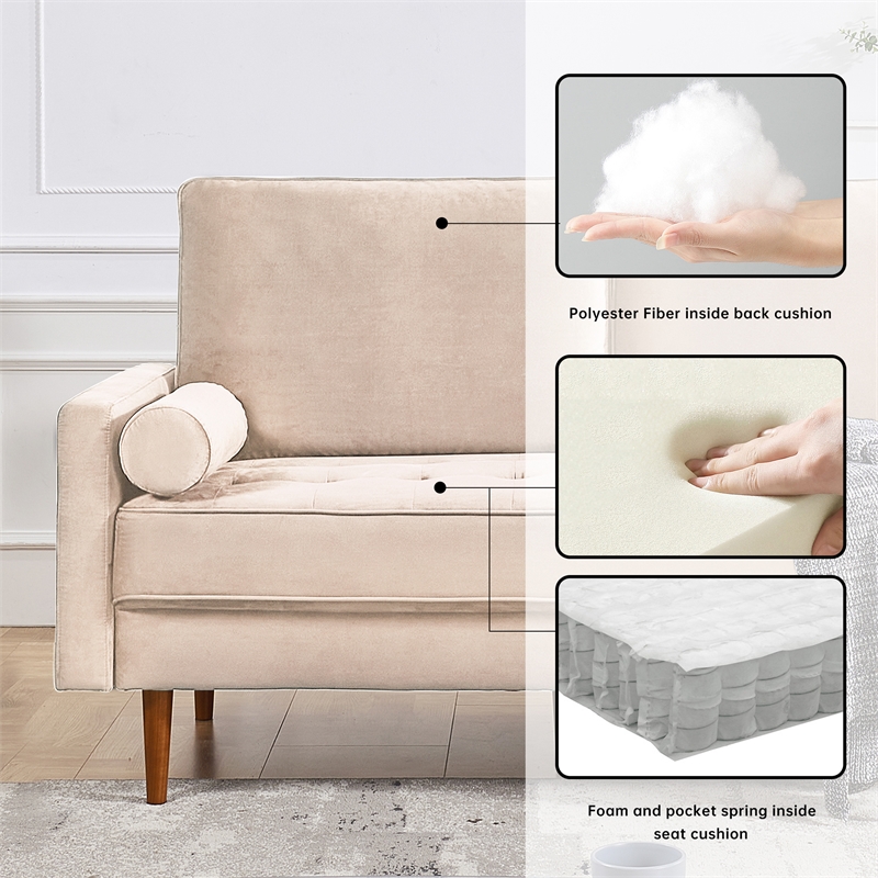 69 Inch Wide Upholstered Two Cushion Sofa with Bolster Pillows in Beige Velvet