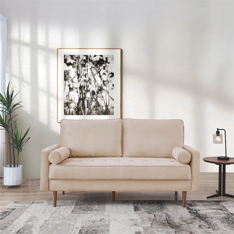 69 Inch Wide Upholstered Two Cushion Sofa with Bolster Pillows in Beige Velvet