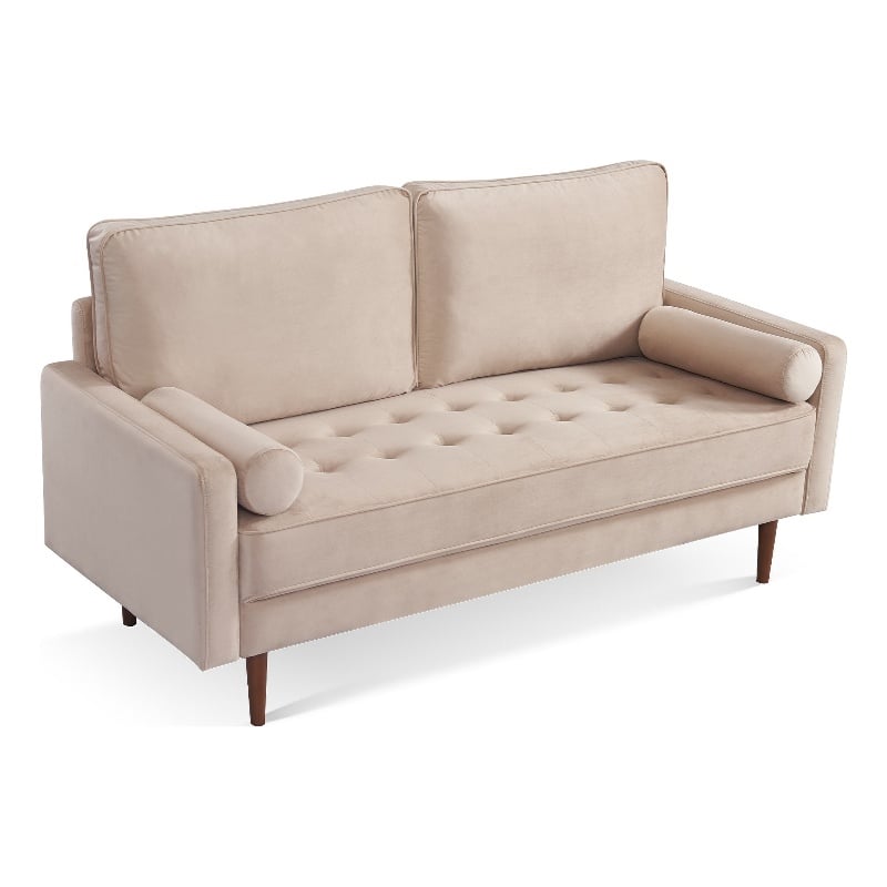 69 Inch Wide Upholstered Two Cushion Sofa with Bolster Pillows in Beige Velvet