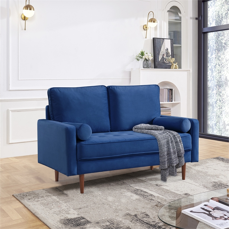 57 Inch Wide Upholstered Two Cushion Loveseat w/ Bolster Pillows in Blue Velvet