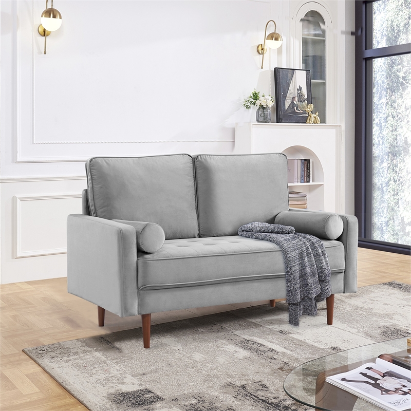 57 Inch Wide Upholstered Two Cushion Loveseat w/ Bolster Pillows in Grey Velvet