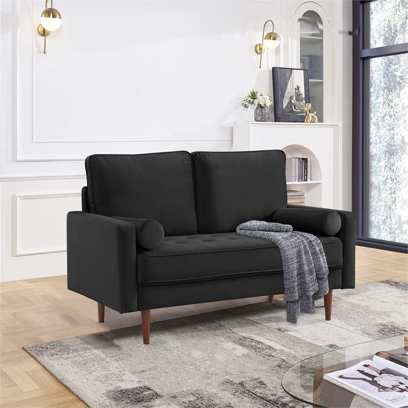 57 Inch Wide Upholstered Two Cushion Loveseat w/ Bolster Pillows in Black Velvet