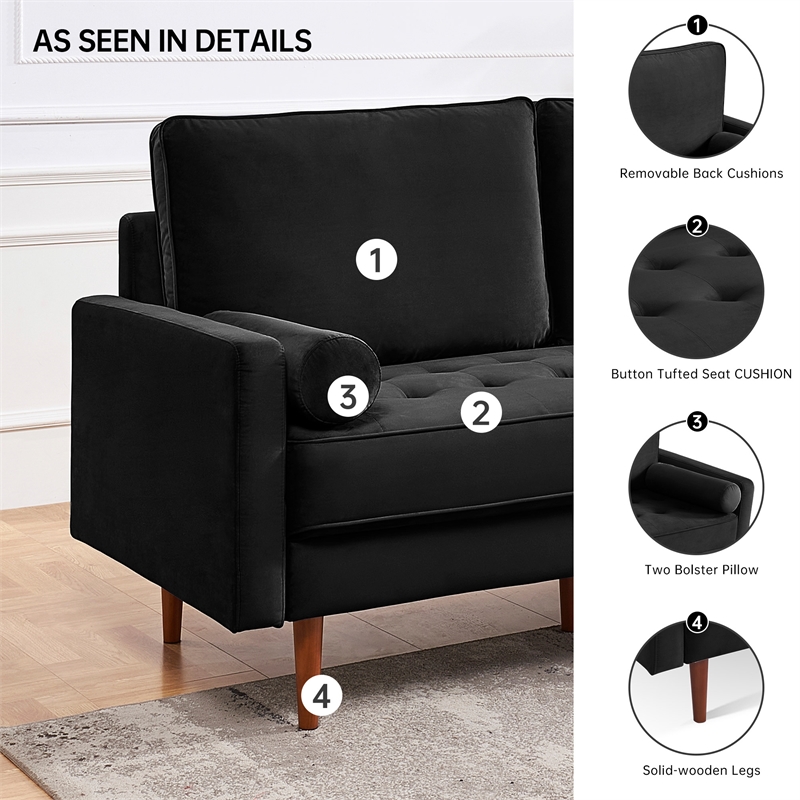 57 Inch Wide Upholstered Two Cushion Loveseat w/ Bolster Pillows in Black Velvet