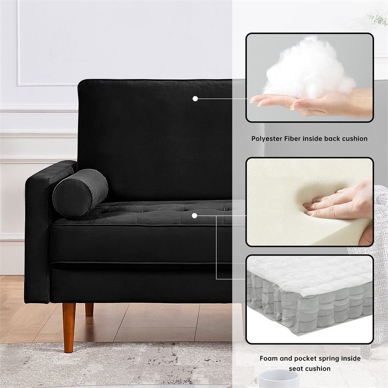 57 Inch Wide Upholstered Two Cushion Loveseat w/ Bolster Pillows in Black Velvet