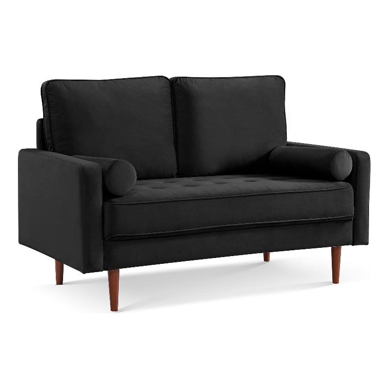 57 Inch Wide Upholstered Two Cushion Loveseat w/ Bolster Pillows in Black Velvet