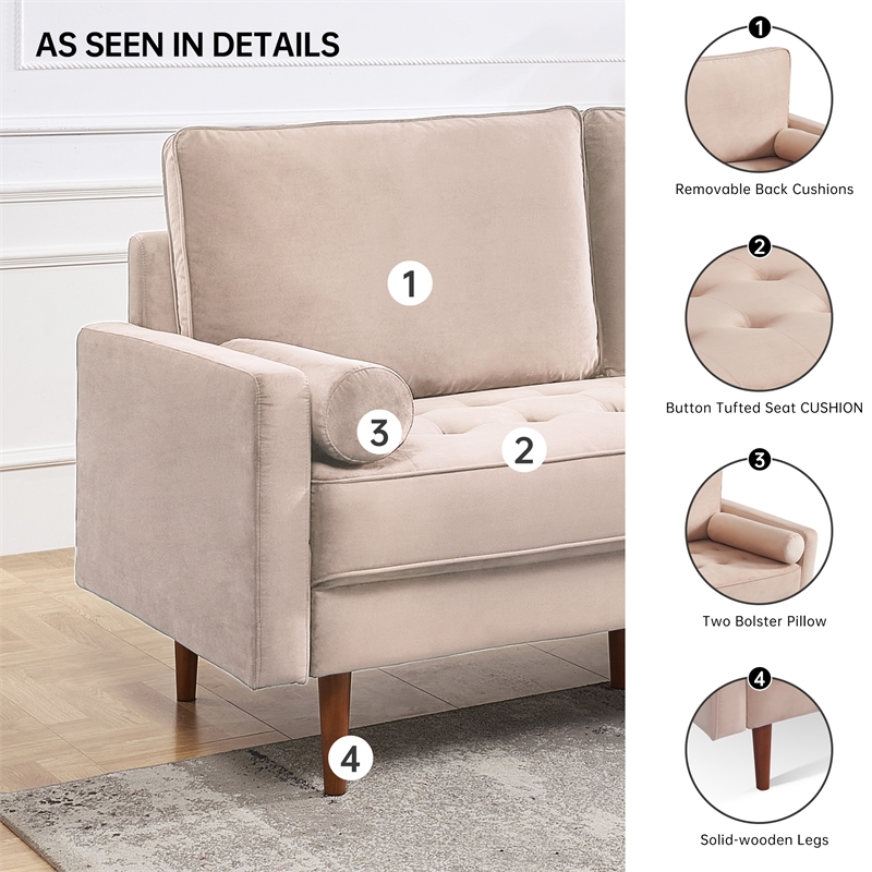 57 Inch Wide Upholstered Two Cushion Loveseat w/ Bolster Pillows in Beige Velvet