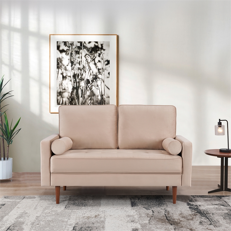 57 Inch Wide Upholstered Two Cushion Loveseat w/ Bolster Pillows in Beige Velvet