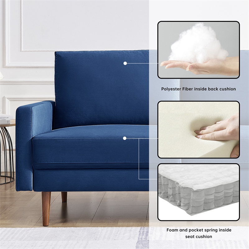 69 Inch Wide Upholstered Two Cushion Sofa with Square Arms in Blue Velvet