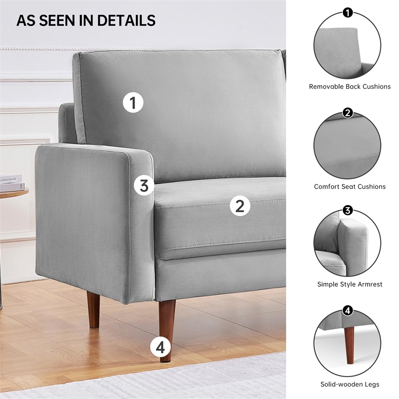 69 Inch Wide Upholstered Two Cushion Sofa with Square Arms in Grey Velvet