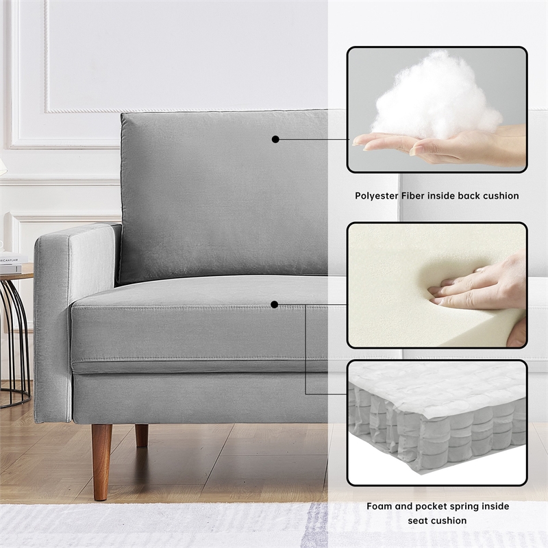 69 Inch Wide Upholstered Two Cushion Sofa with Square Arms in Grey Velvet