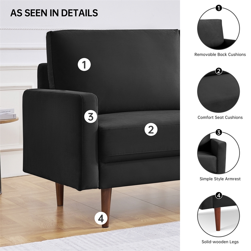 69 Inch Wide Upholstered Two Cushion Sofa with Square Arms in Black Velvet