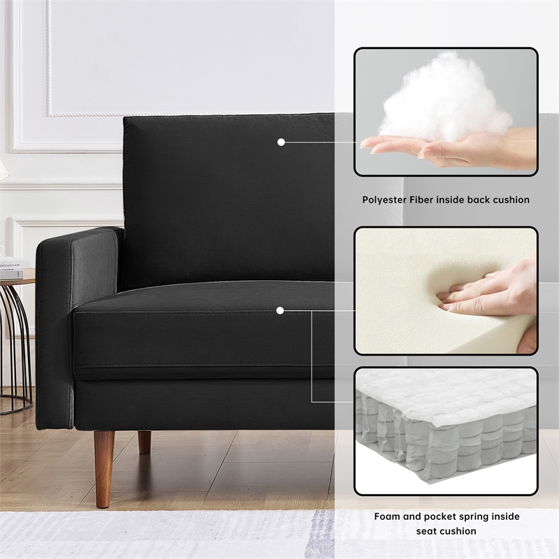 69 Inch Wide Upholstered Two Cushion Sofa with Square Arms in Black Velvet