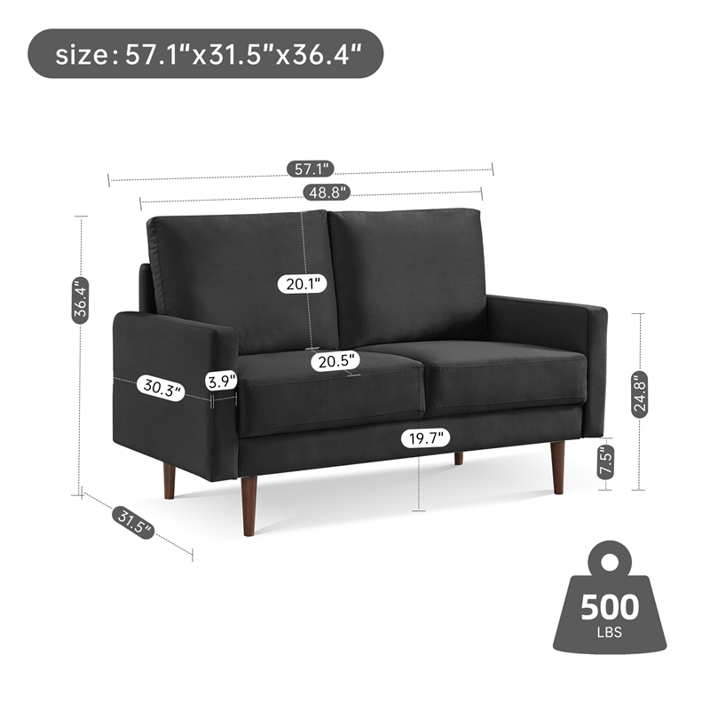 57 Inch Wide Upholstered Two Cushion Loveseat with Square Arms in Black Velvet