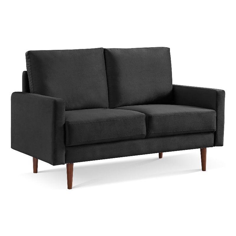 57 Inch Wide Upholstered Two Cushion Loveseat with Square Arms in Black Velvet